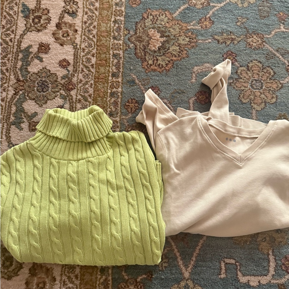 Lime Green Cable Knit Turtleneck Sweater and 3 Dot shirt bundle. NEW